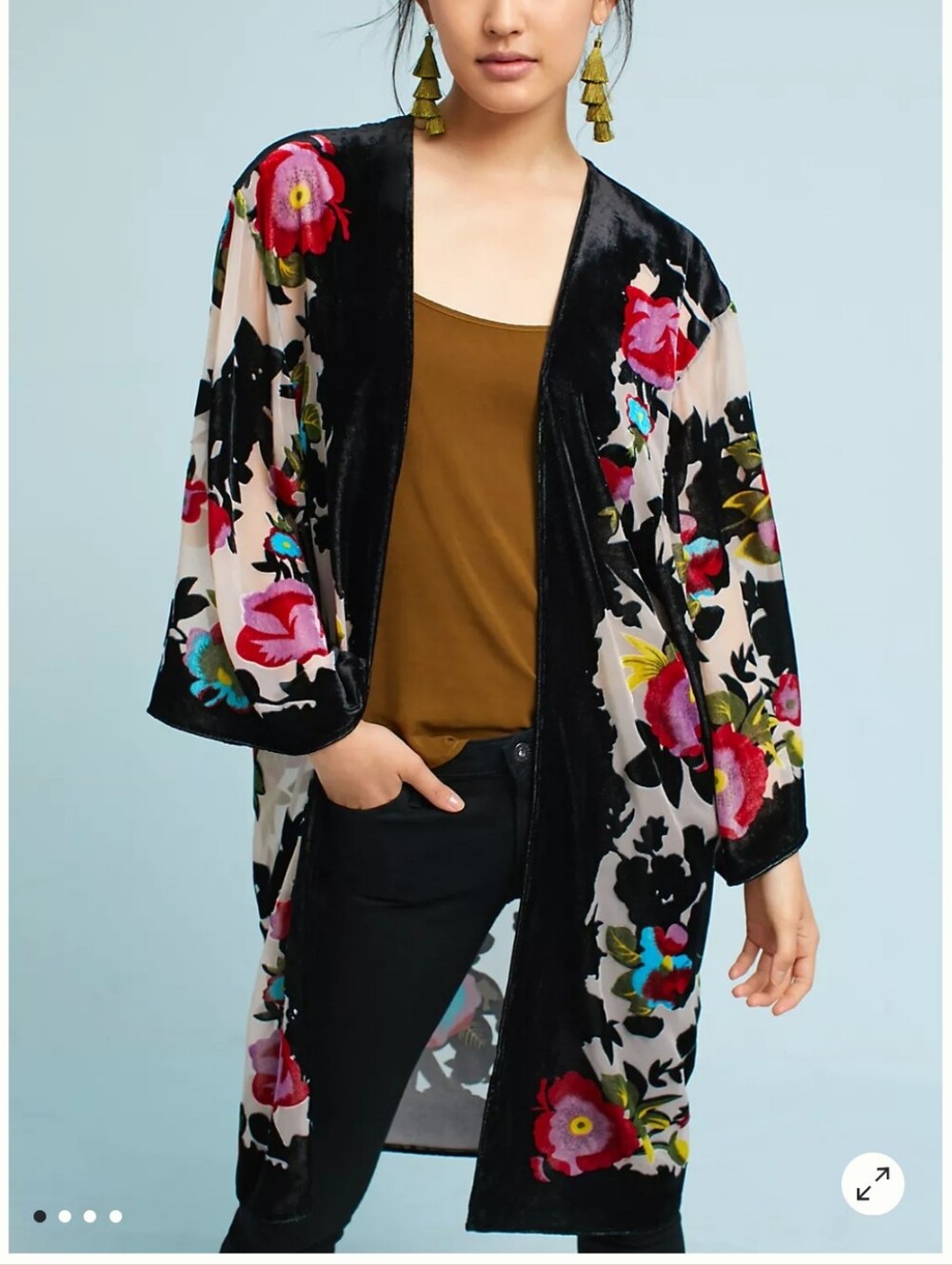 Anthropologie Payyon Kimono Black Floral Velvet Duster Cardigan Rayon Blend 0/s - Picture 2 of 7